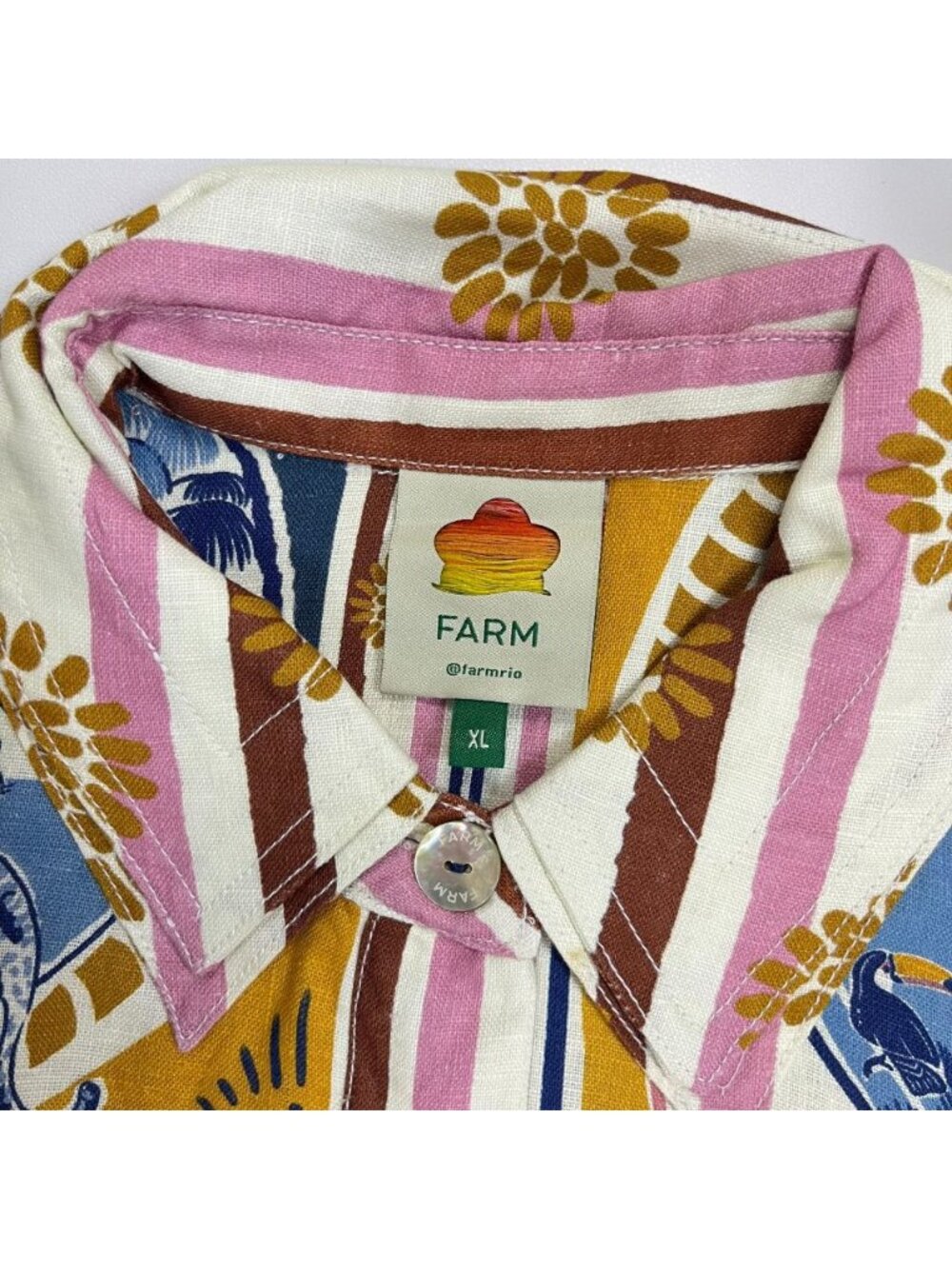 NWOT Farm Rio Linen Cerrado Stamps Short Sleeve Mini Dress Size XL Pocket - Picture 7 of 14